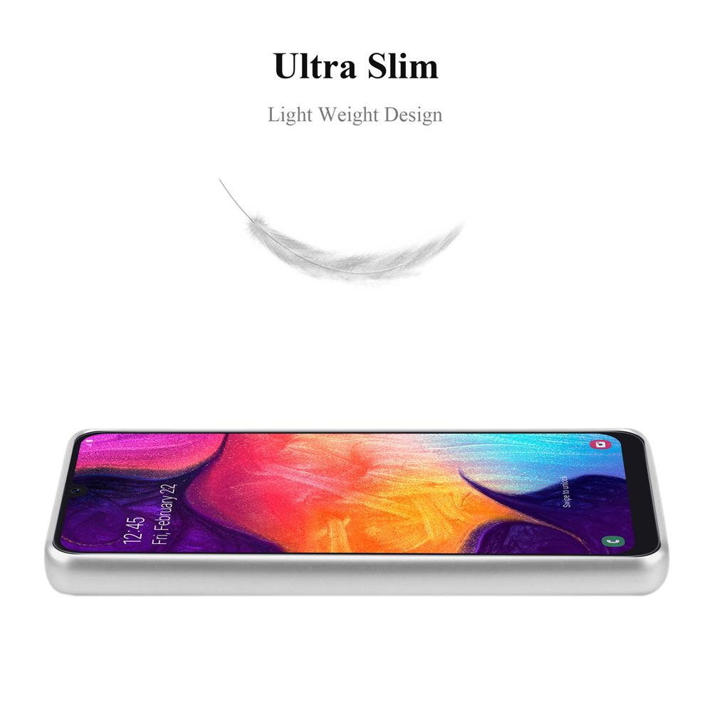 Telefono ultrasottile con schermata di blocco colorata e grafica di piuma.