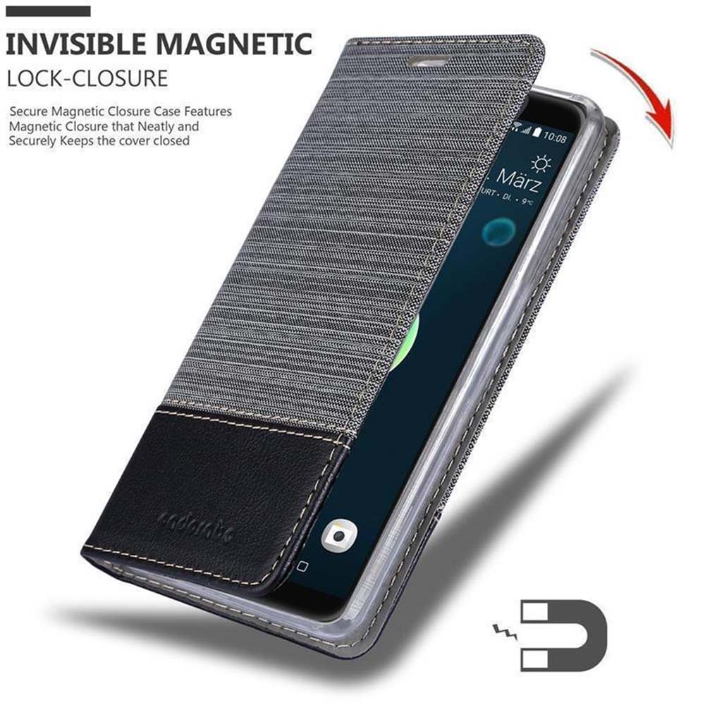 Custodia per telefono in tessuto grigio con accento in pelle nera.