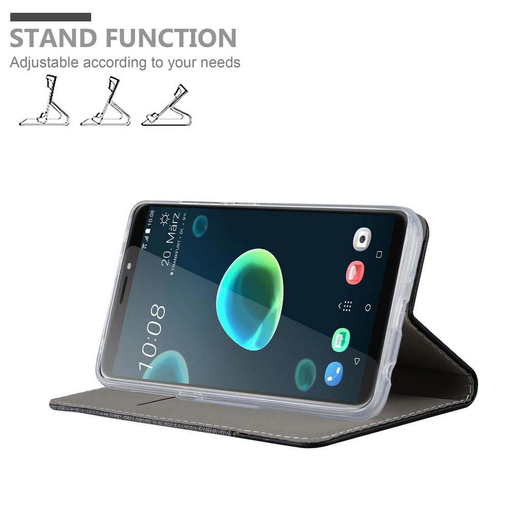 Uno smartphone in una custodia con funzione stand, che mostra tre angolazioni.