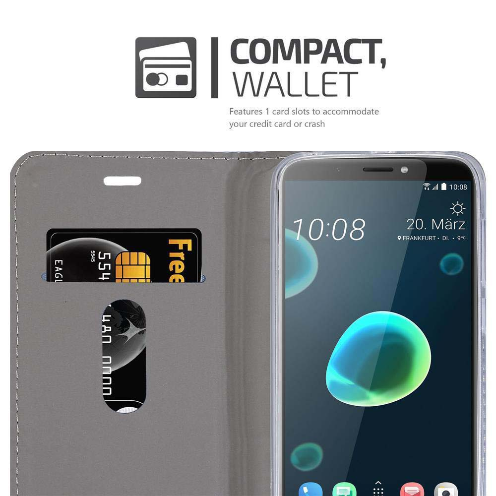 Portafoglio grigio con slot per telefono e slot per carte.