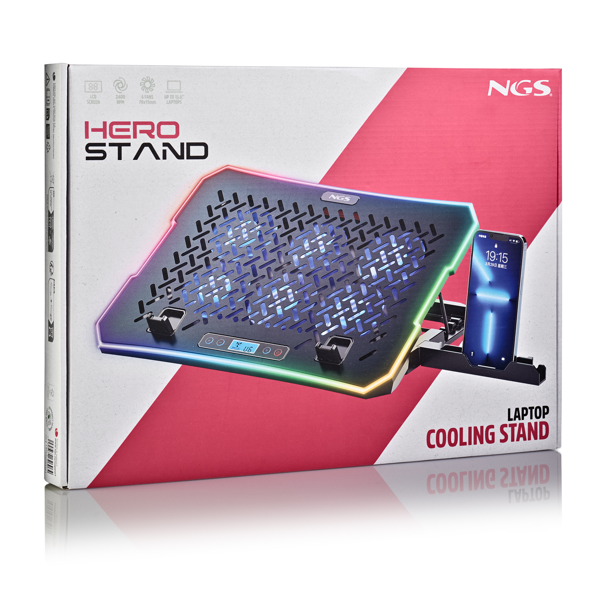 Verpackung für einen NGS Laptop-Kühlständer mit RGB-Beleuchtung und Telefonhalterung.