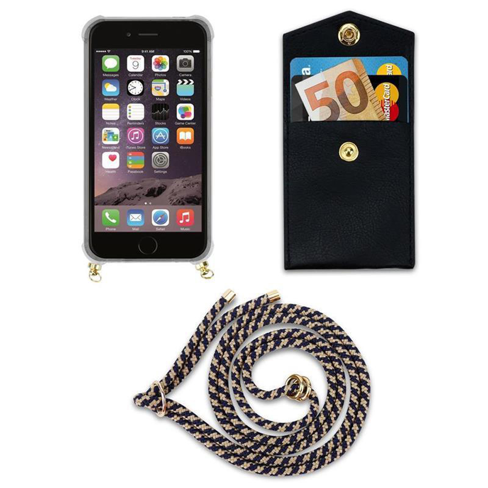 iPhone con custodia, porta carte nero con banconota da 50 euro e carta, corda.