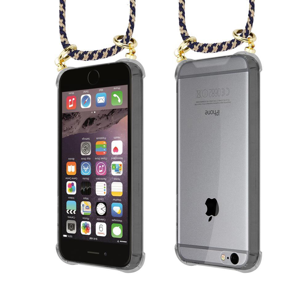 Vista anteriore e posteriore di un iPhone in custodia trasparente con laccetto.