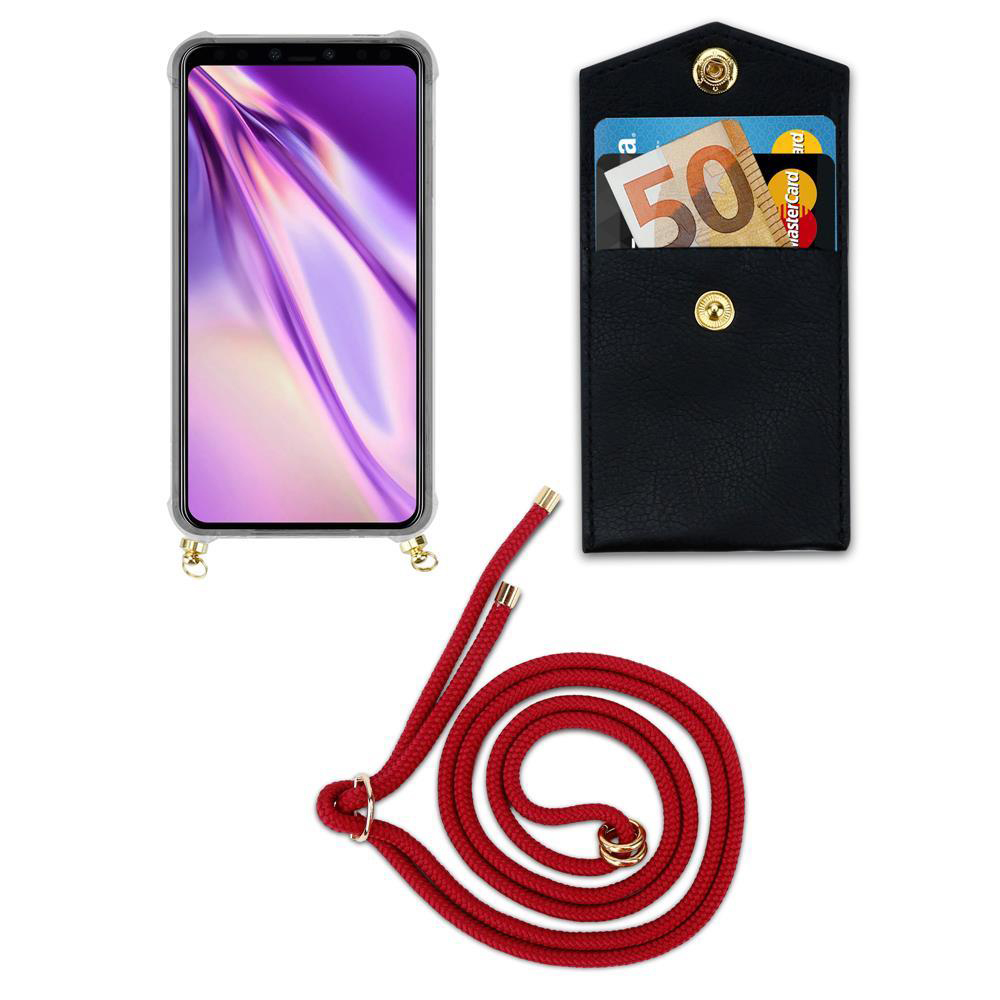Ein Smartphone in einer Hülle mit roten Kordeln und einer schwarzen Kartenhaltertasche.