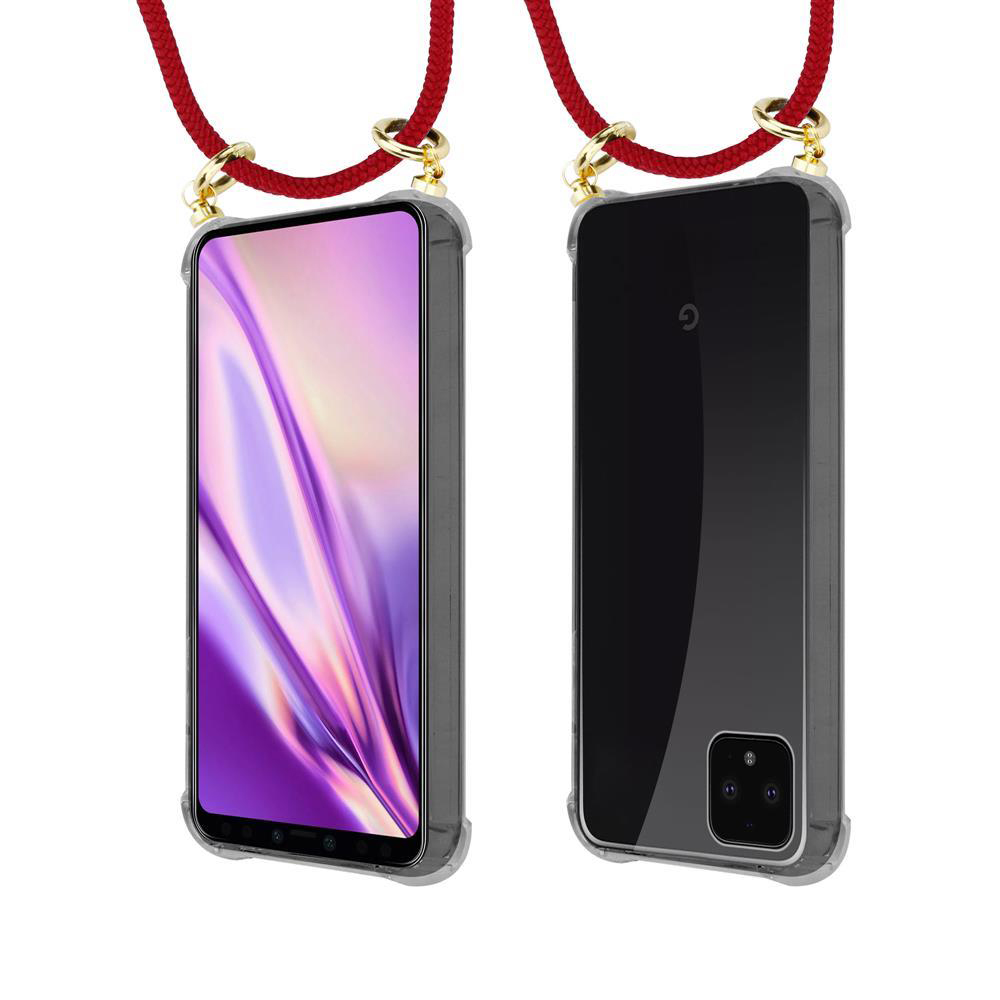 Ein Smartphone mit rotem Band und goldenen Verbindern, vorne und hinten.