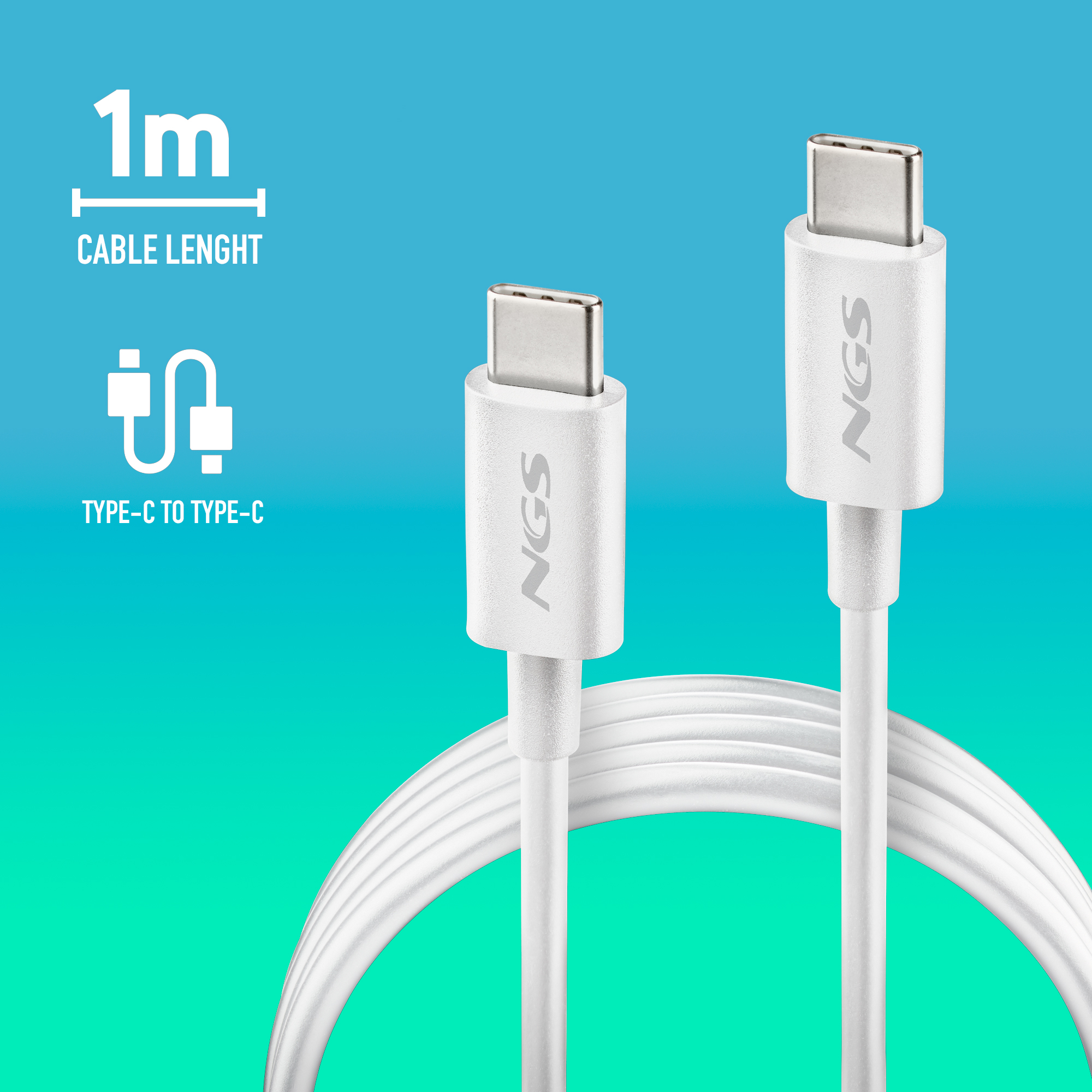 Un cavo USB-C bianco, lungo 1m, su sfondo turchese.