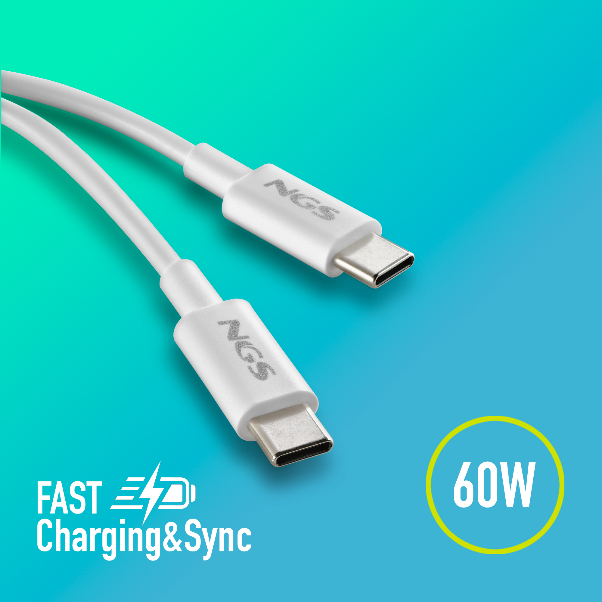 Due cavi USB-C bianchi con logo NGS e scritta 60W.