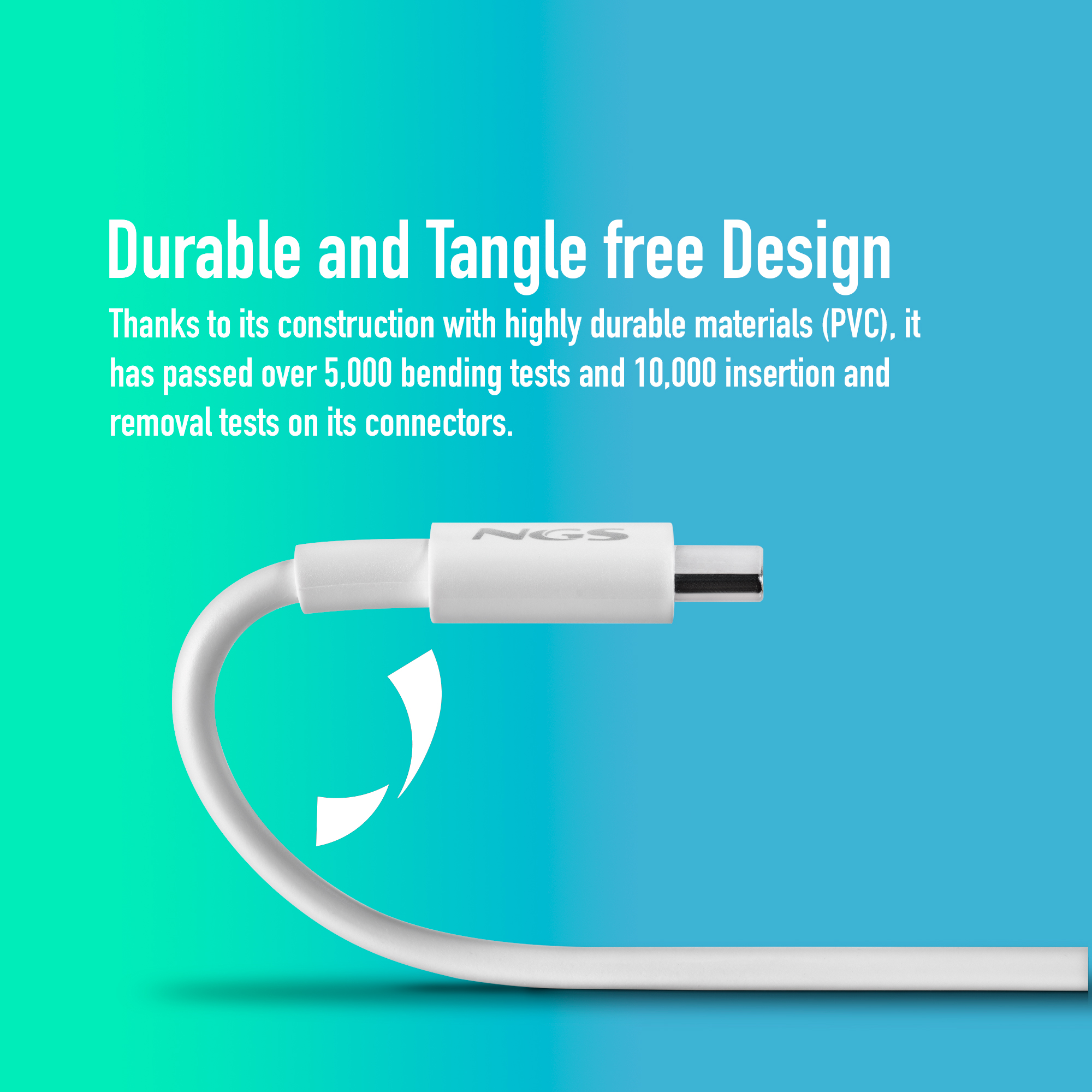 Un cavo bianco con connettore USB-C è piegato. Il testo evidenzia la durabilità.
