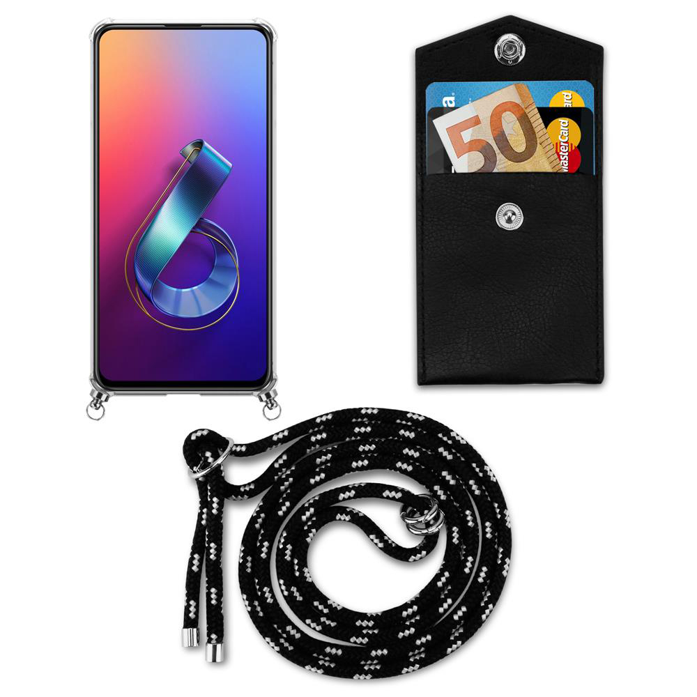 Smartphone mit Hülle, Geldbeutel mit 50€ und Karte, und ein Lanyard.