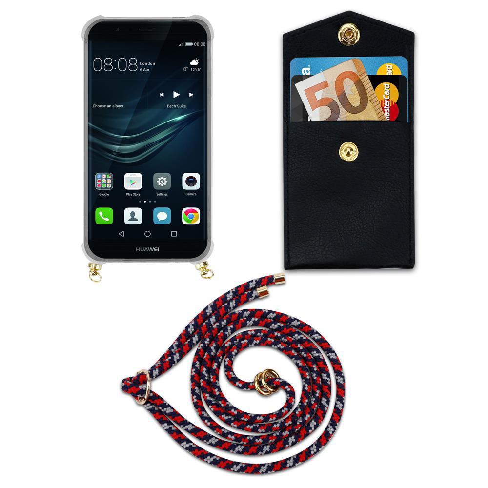 Huawei Smartphone mit schwarzer Brieftasche, Geld und Karten. Lanyard.