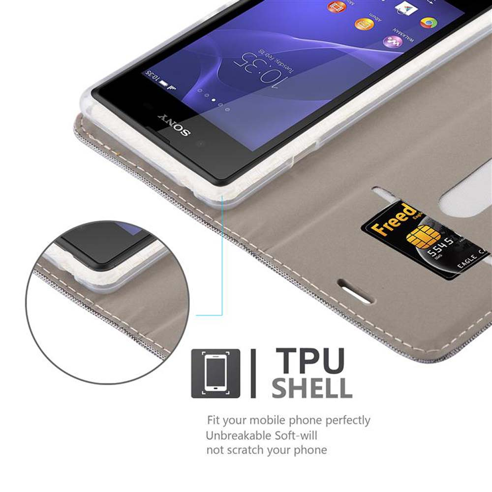 Uno smartphone Sony in una custodia grigia con una carta di credito.