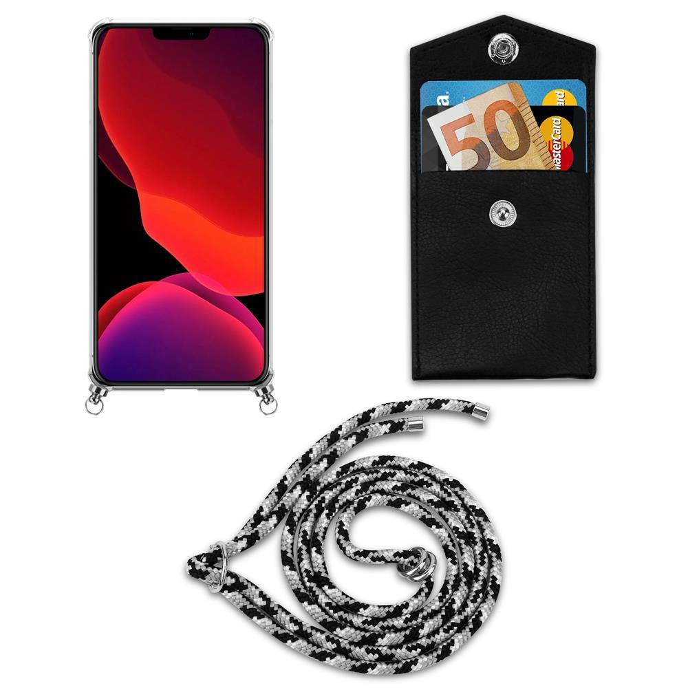 Uno smartphone con sfondo rosso, una tasca nera con banconota da 50 euro e carta.