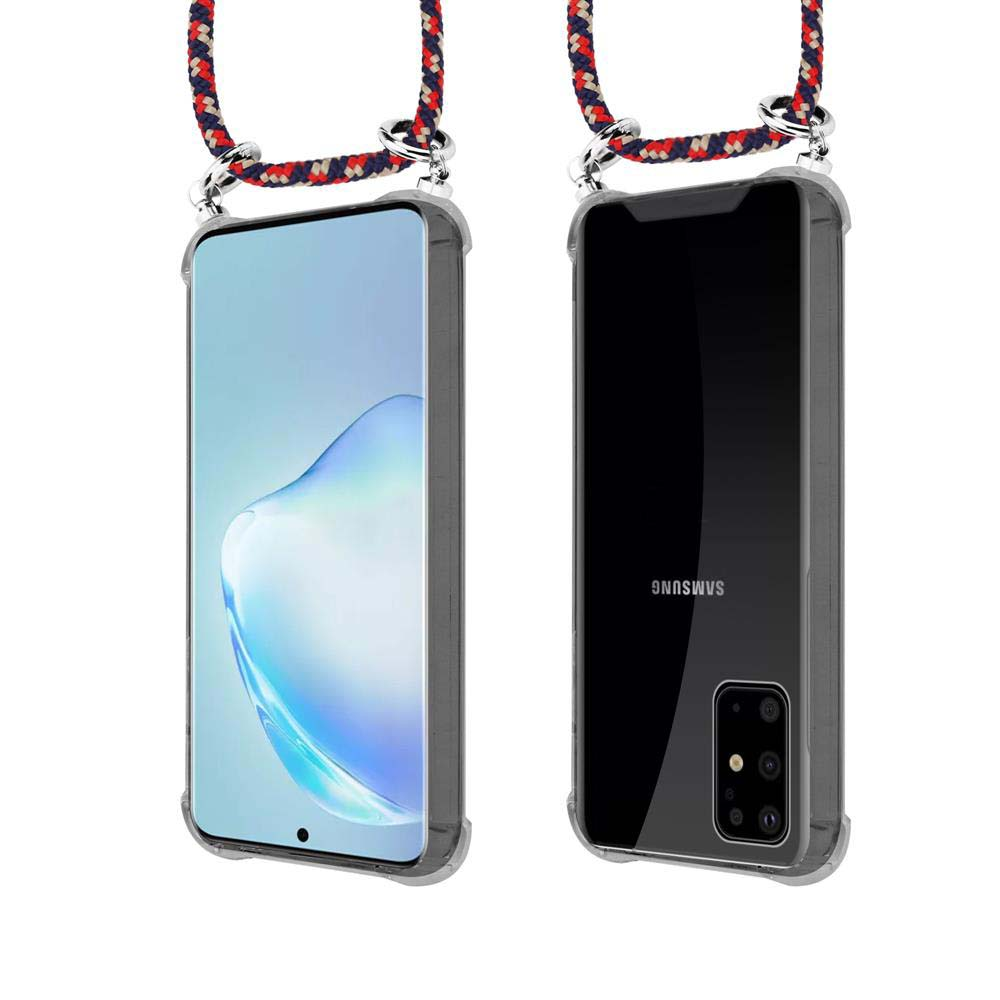 Due smartphone in custodie trasparenti con laccetti, vista frontale e posteriore.