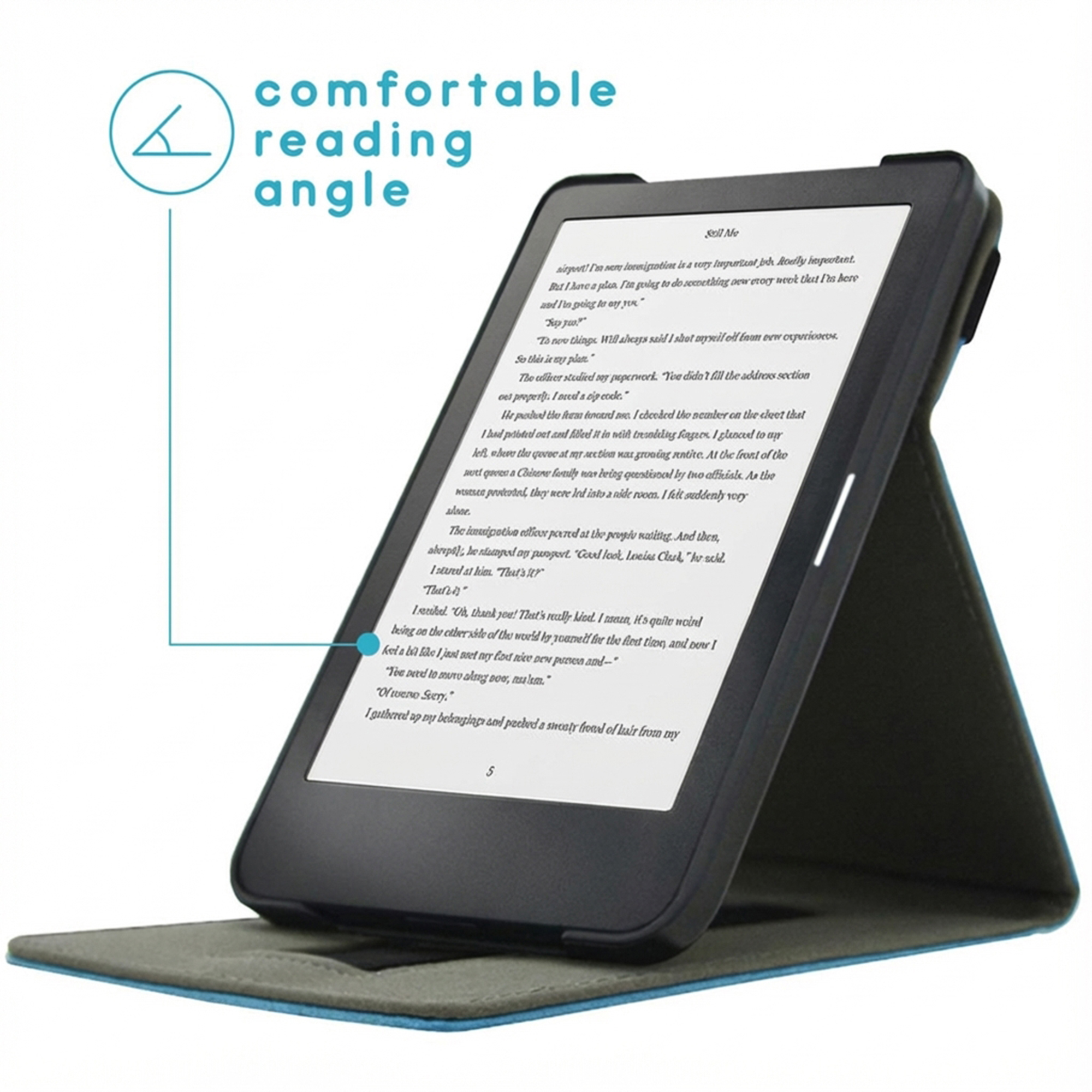 An e-reader in a dark gray case stands open on a light gray and blue stand.