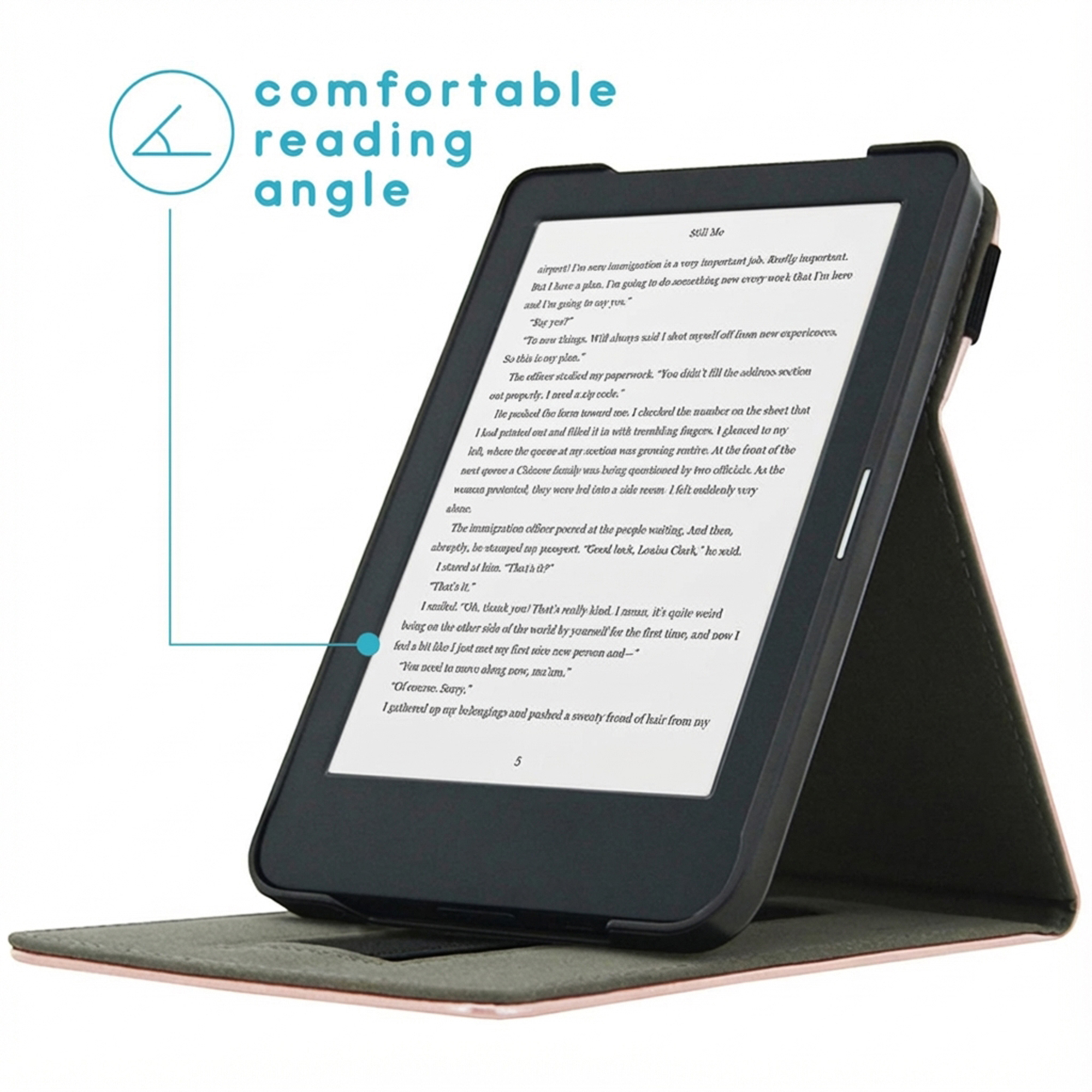Een zwarte e-reader in een hoes, geopend op een pagina met tekst.