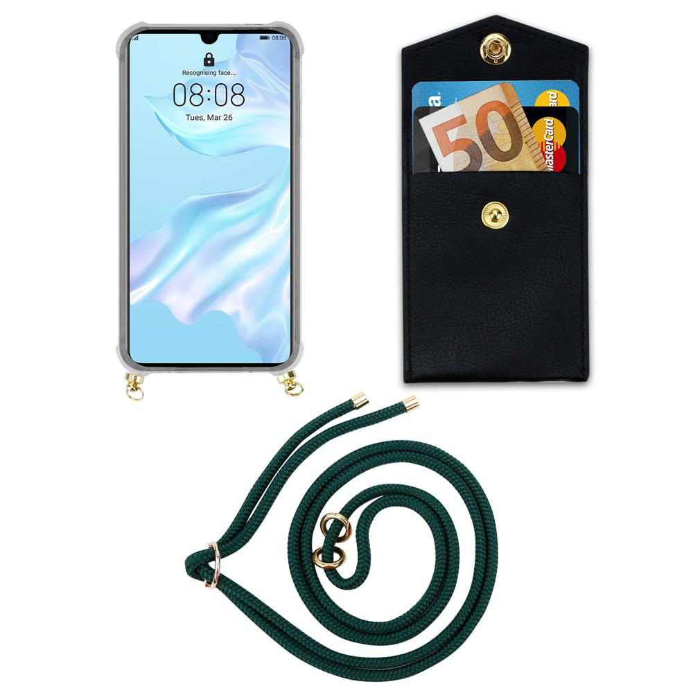 Smartphone con custodia, porta carte nero con soldi e carte, e corda verde.