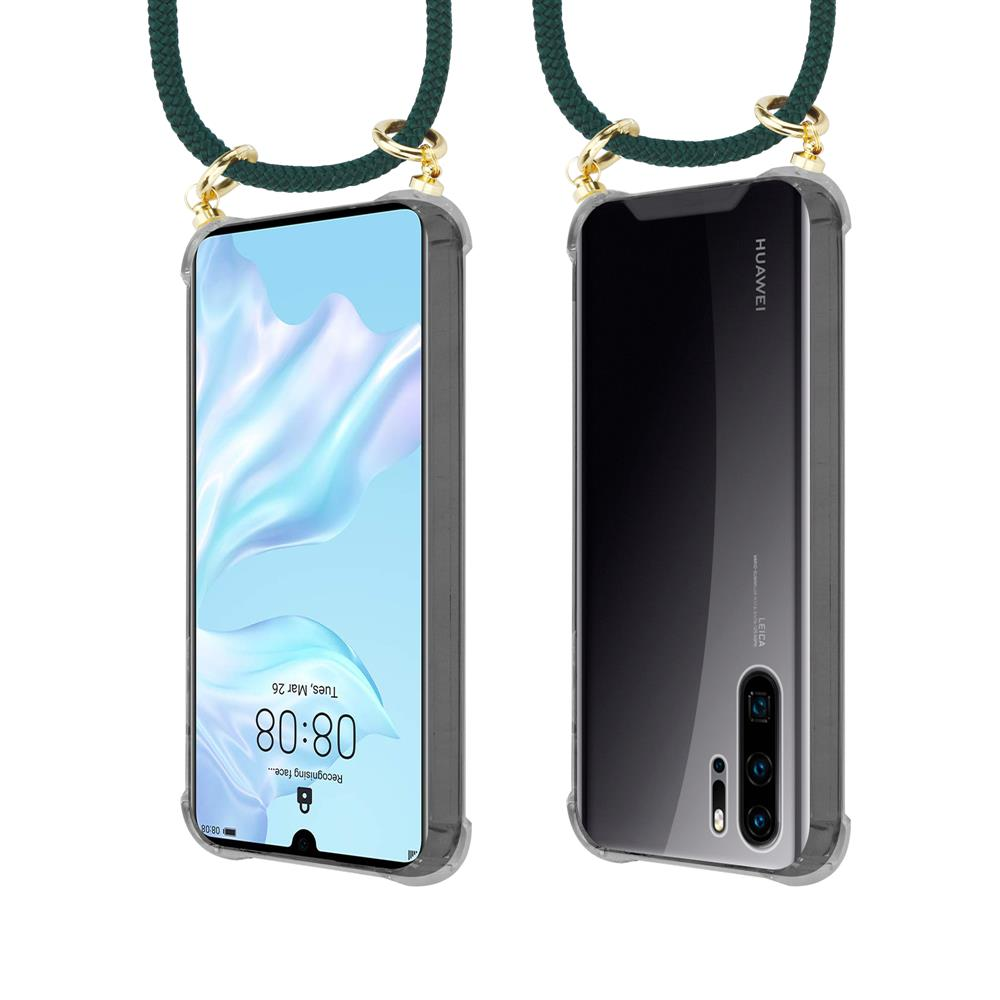 Uno smartphone con cordino, vista frontale e posteriore.