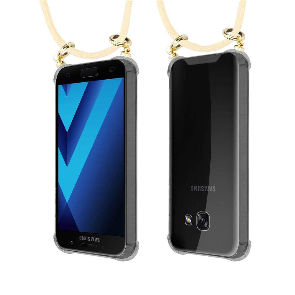 Vista frontale e posteriore di uno smartphone in custodia trasparente con laccetto.