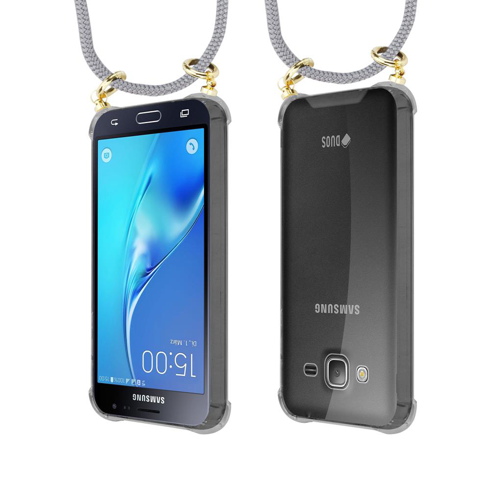 Due smartphone Samsung in custodie trasparenti con laccetti.