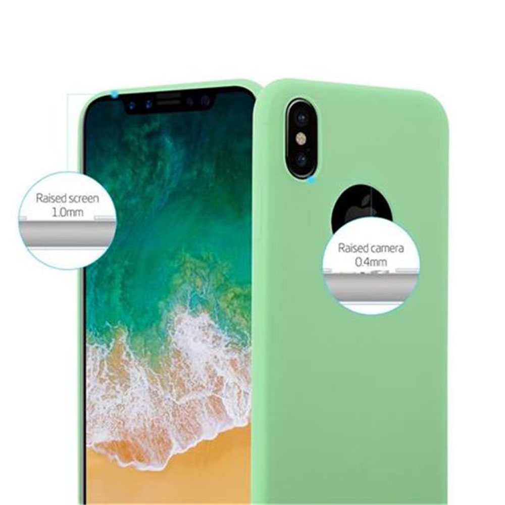 Hellgrünes Handycover mit Front- und Rückansicht. Zeigt erhöhten Bildschirm & Kamera.