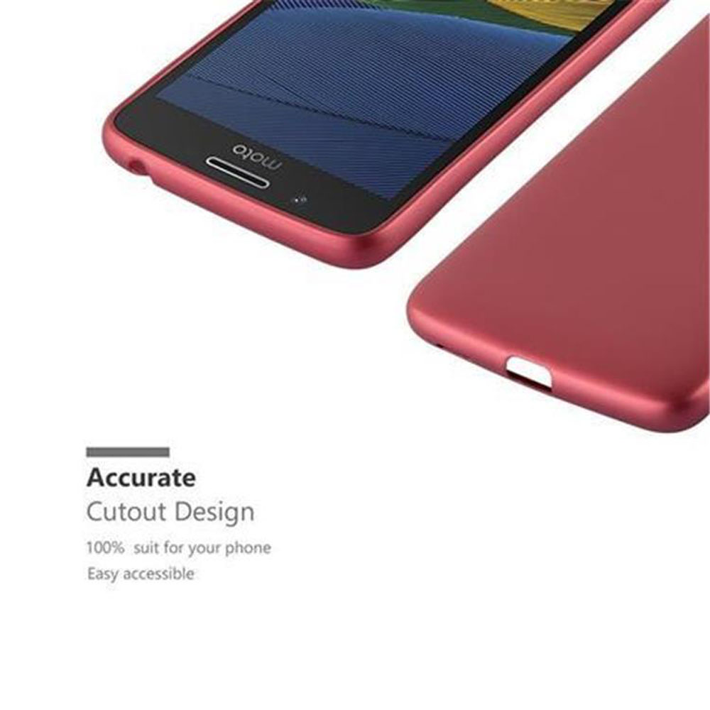Un telefono rosso con custodia e testo.