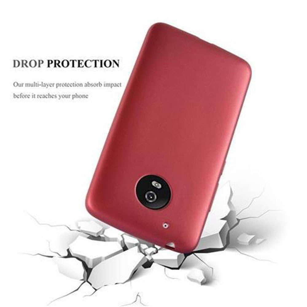 Cover rossa per telefono cade su terreno crepato. Testo protezione caduta.