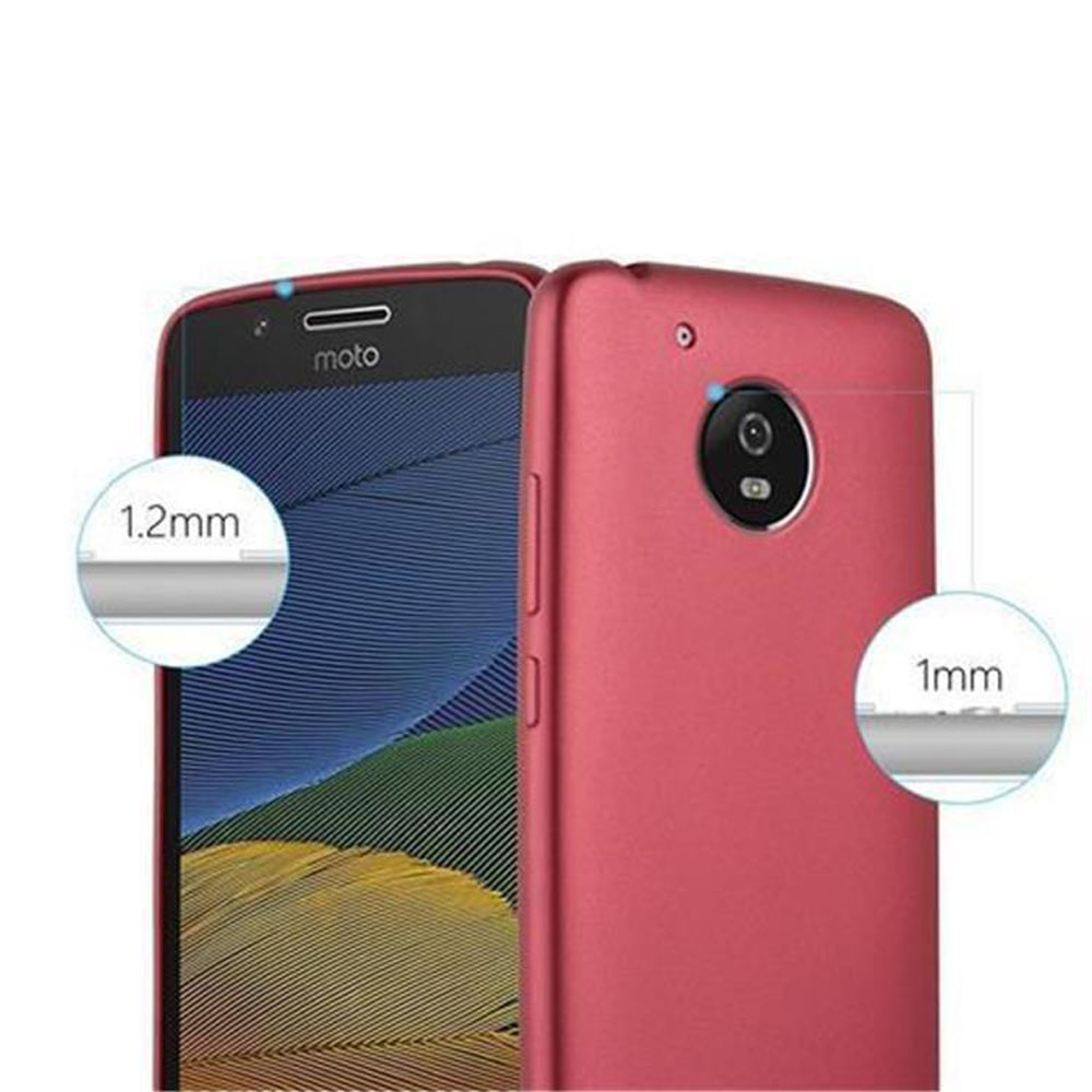 Due telefoni Moto rossi uno accanto all'altro, con indicatori di spessore 1,2 mm e 1 mm.