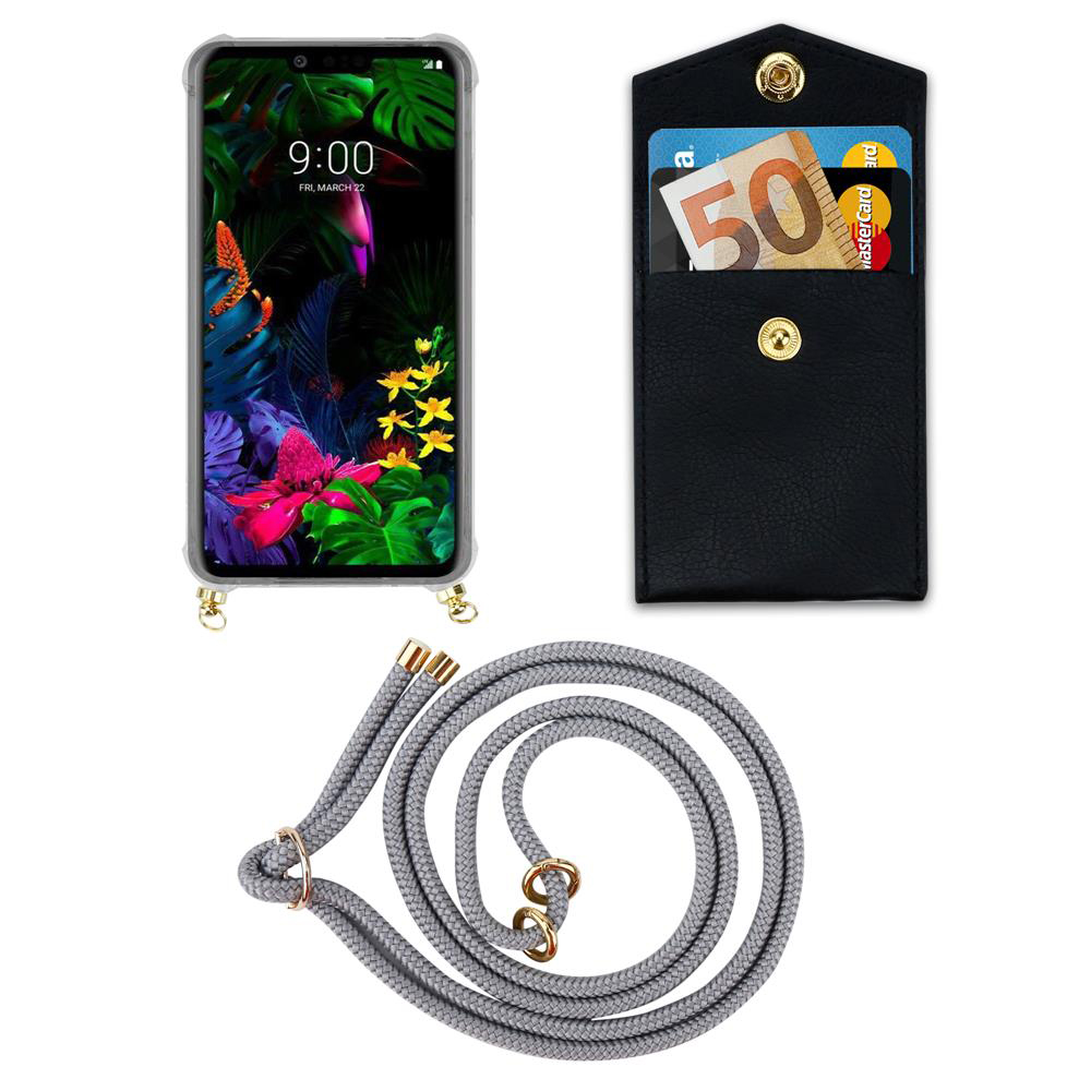 Ein Smartphone mit floraler Tapete, schwarzem Kartenhalter mit Geld und grauer Lanyard.