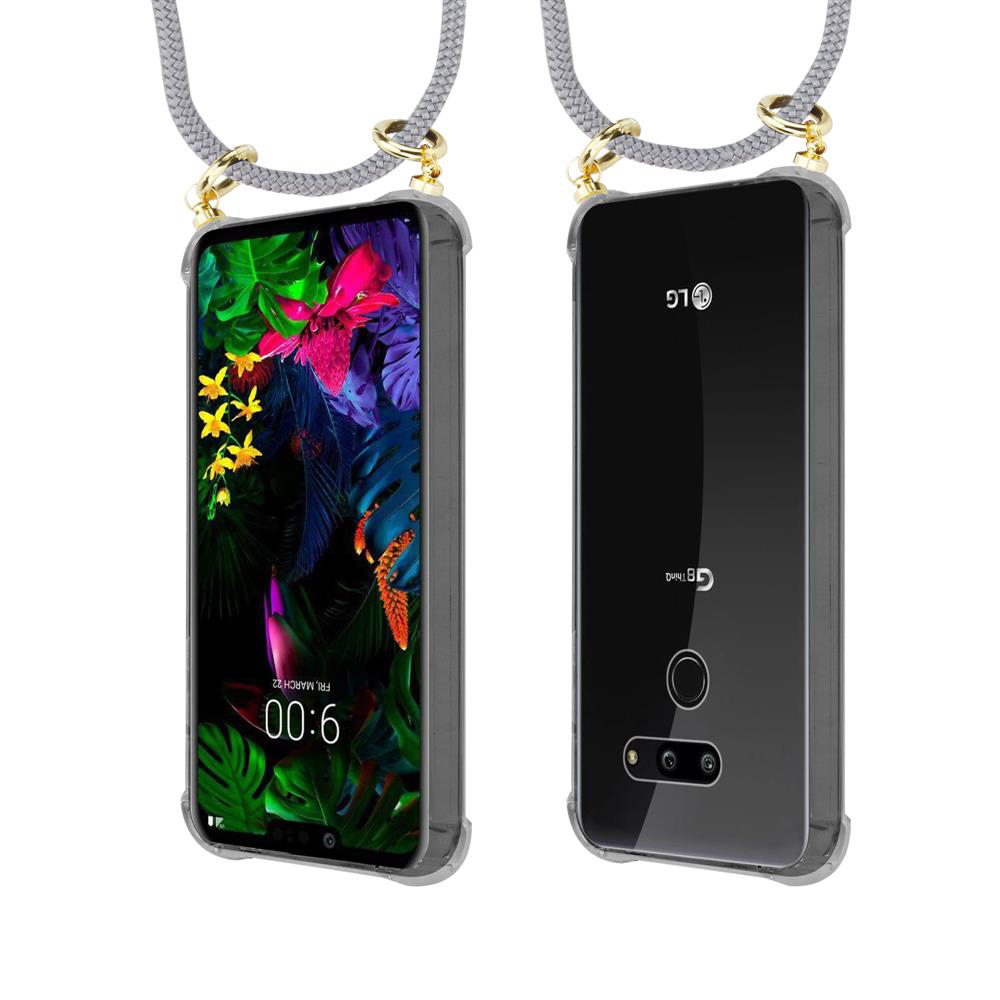 Vorder- und Rückseite eines Smartphones mit einer Schnur, das auf einem weißen Hintergrund steht.
