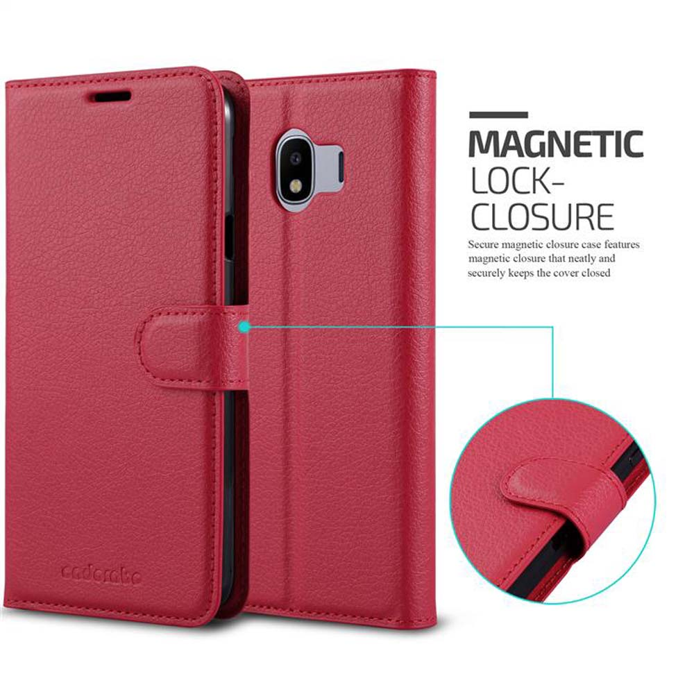 Custodia rossa per telefono con chiusura magnetica e foro fotocamera.
