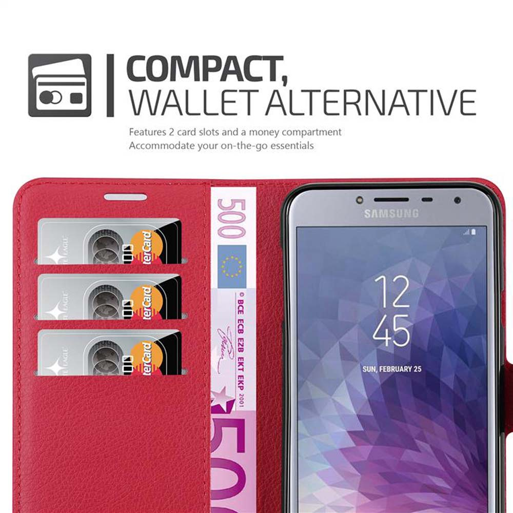 Portafoglio rosso con telefono, 3 slot per carte e banconota da 500 euro.