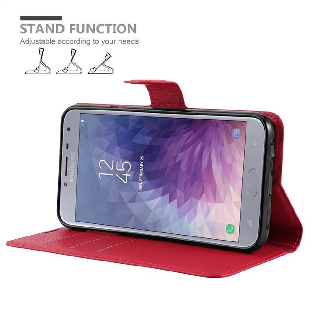 Una custodia rossa per telefono con funzione di supporto e uno smartphone Samsung.