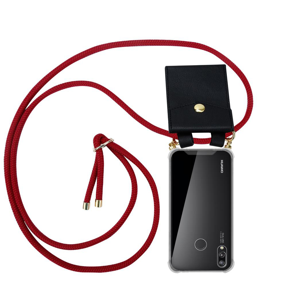 Custodia nera per telefono con cordino rosso e bottone dorato.