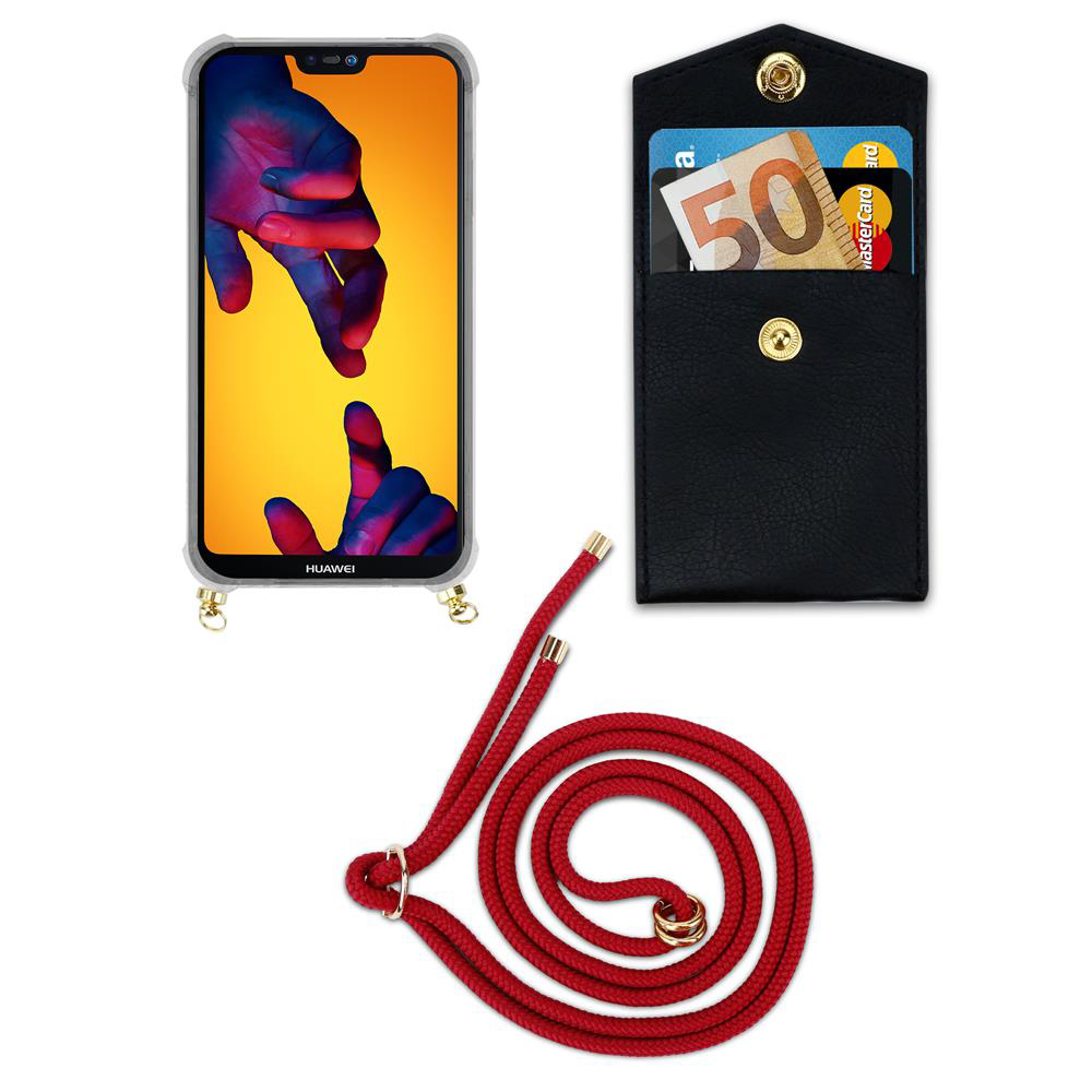 Uno smartphone in custodia, porta carte nero con soldi e carte, cordino rosso.