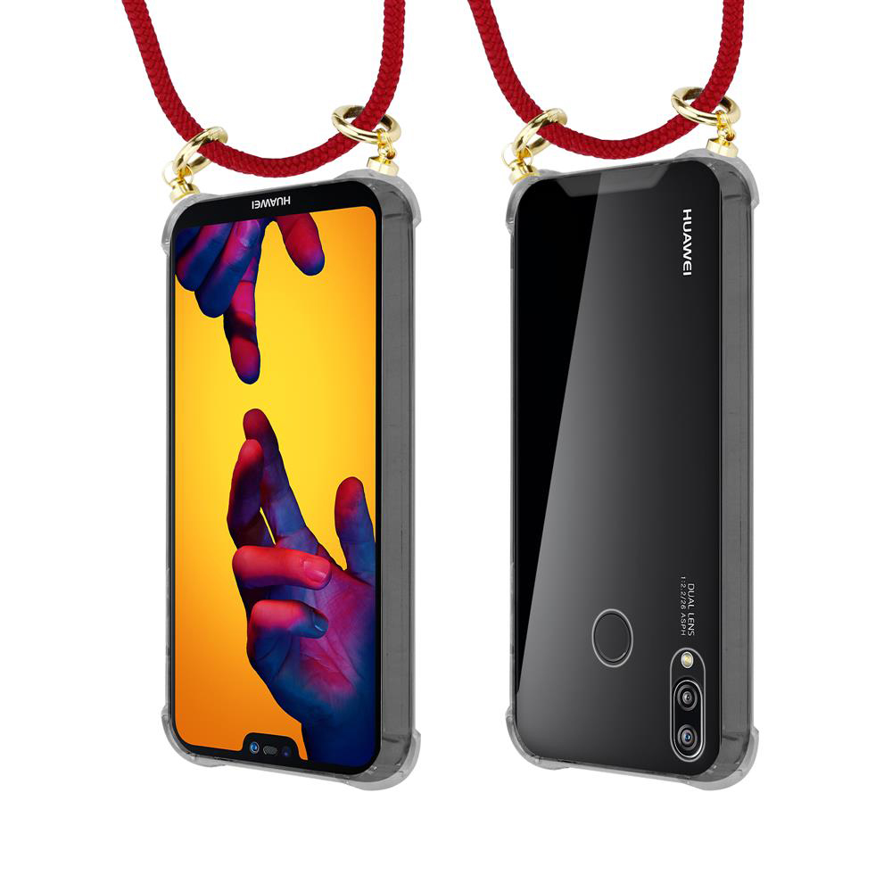 Due telefoni Huawei con cordini rossi, uno mostra lo schermo, l'altro il retro.