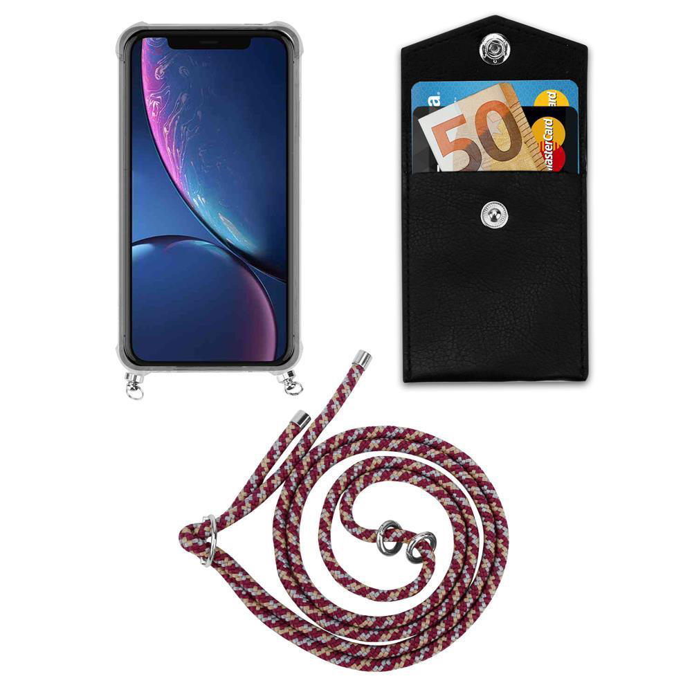 Un telefono in custodia trasparente, una busta nera con banconota da 50€ e carta, e cordino.