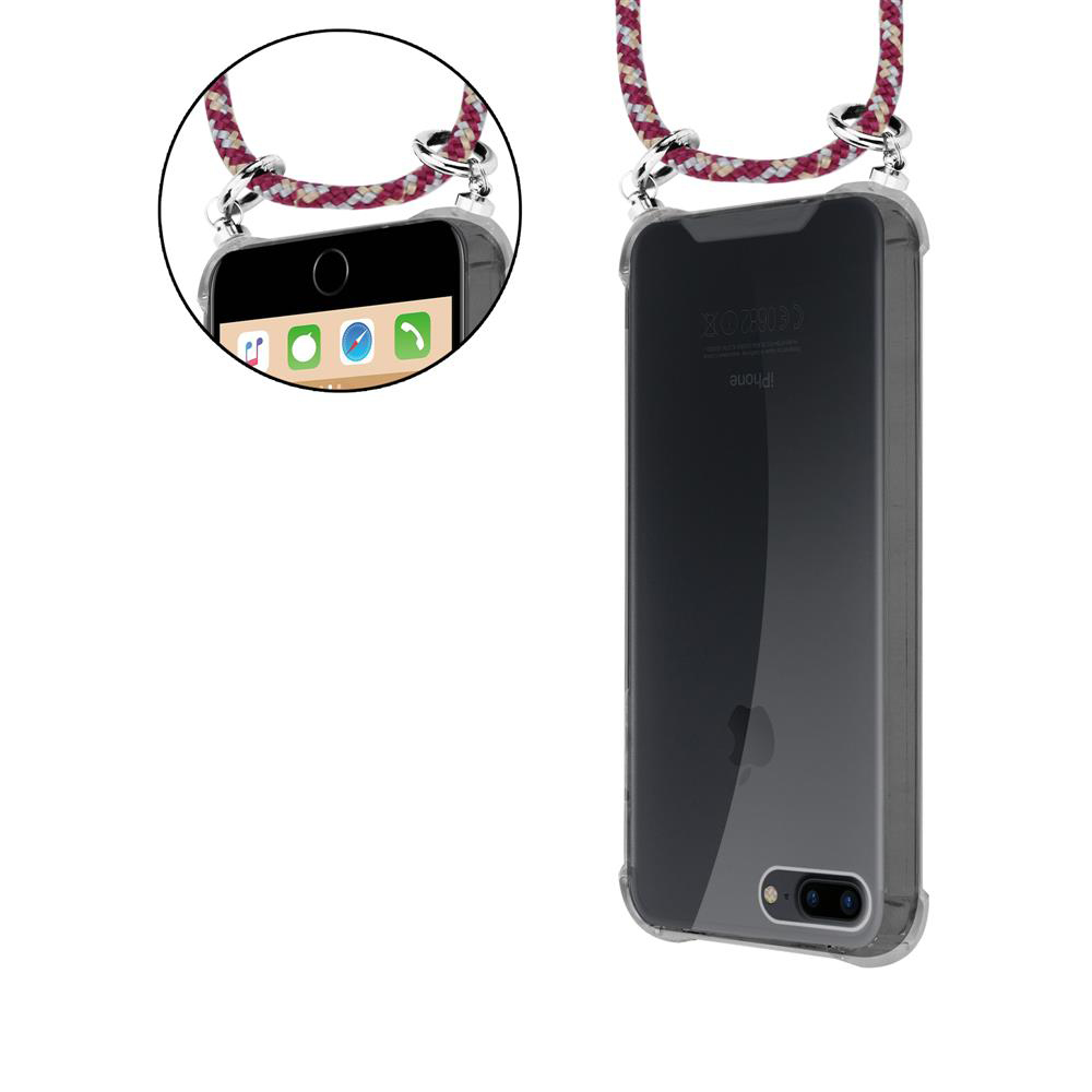 iPhone con custodia trasparente e cinturino colorato, viste frontale e retro.