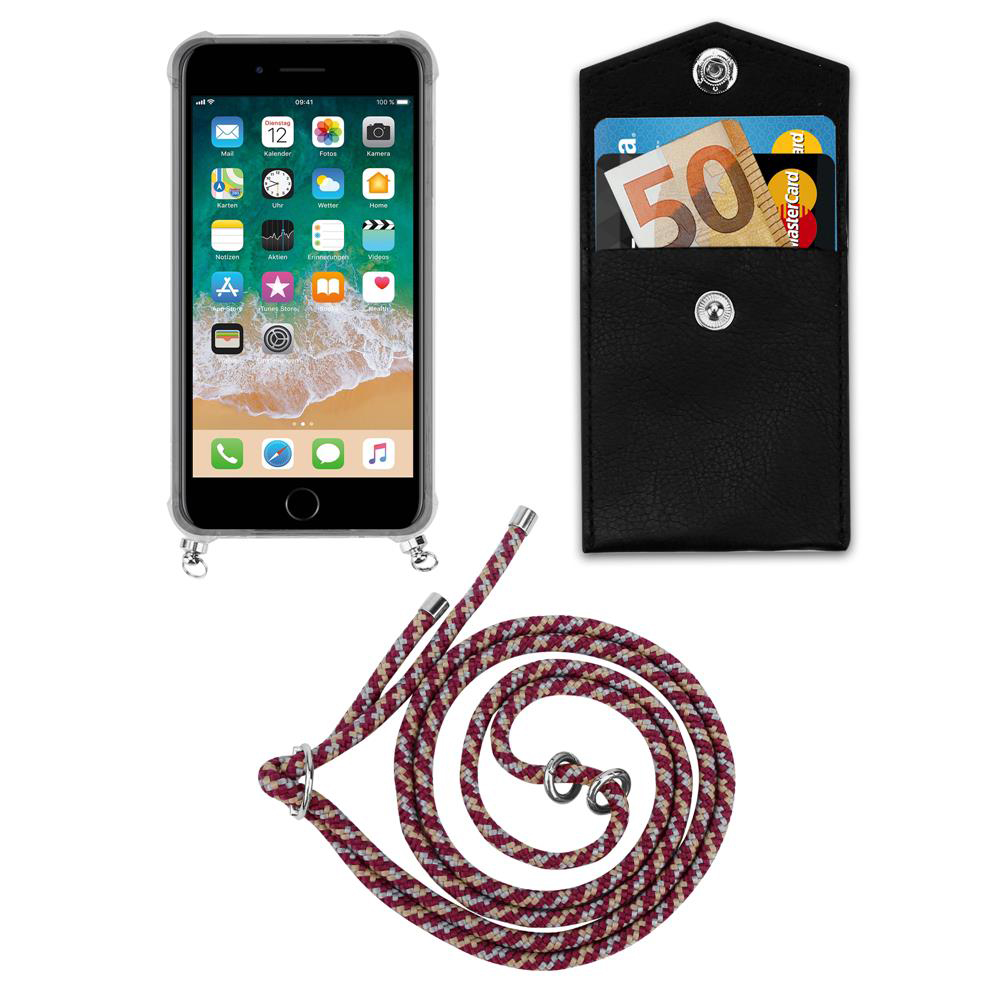 Uno smartphone in custodia, un astuccio nero con carte e banconote, e un cordino.