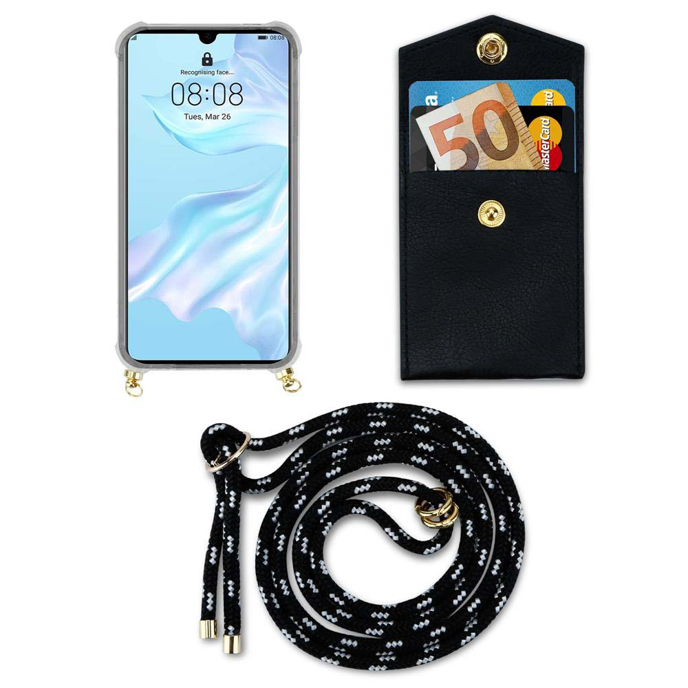 Smartphone in custodia trasparente, portafoglio nero con carte e contanti, e cordino.
