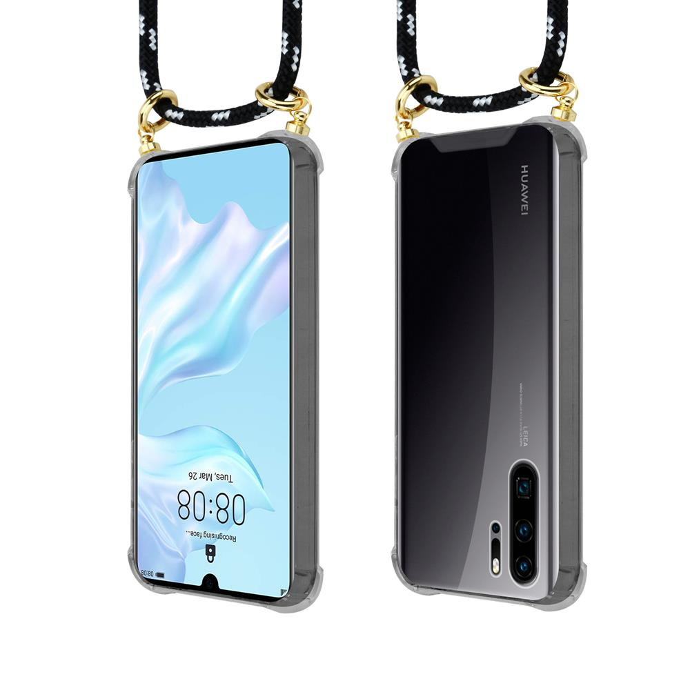 Un telefono Huawei in custodia con laccetto, visto fronte e retro.