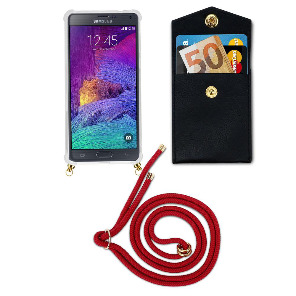 Telefono Samsung con cordino rosso e porta carte nero