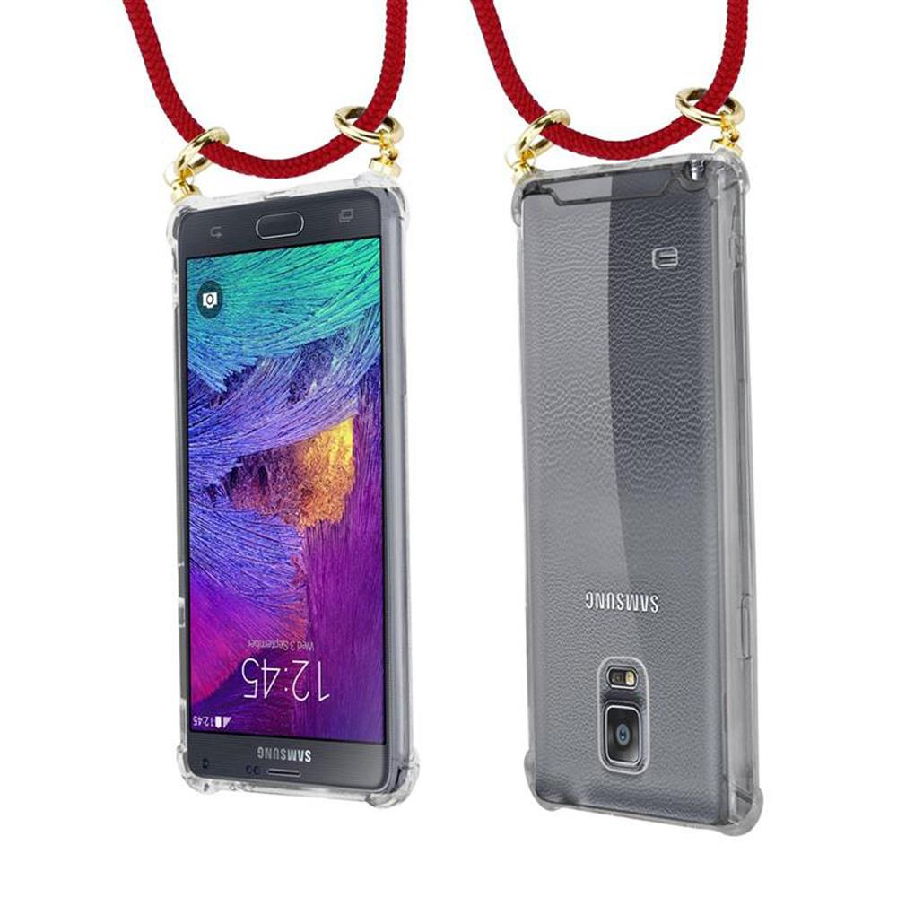 Uno smartphone Samsung in custodia trasparente, appeso a un cordone rosso.