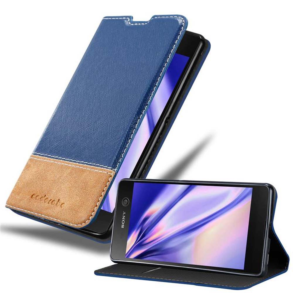 Funda azul para teléfono con acento marrón, mostrando un smartphone Sony.