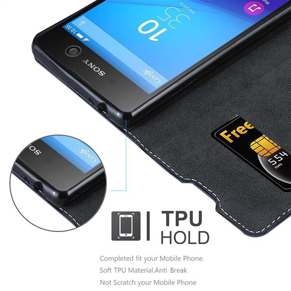 Funda negra para teléfono con teléfono Sony, tarjeta SIM y texto.