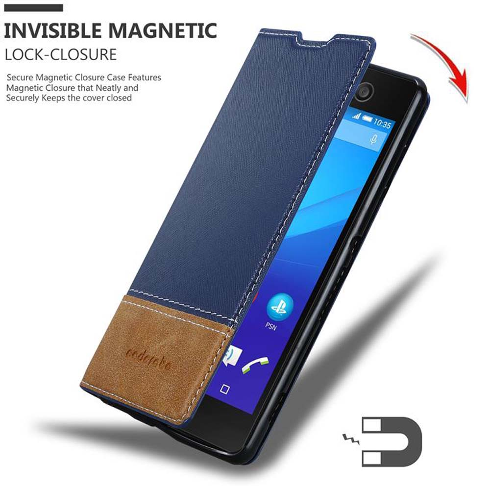 Funda azul para smartphone con acento de cuero marrón abriéndose.