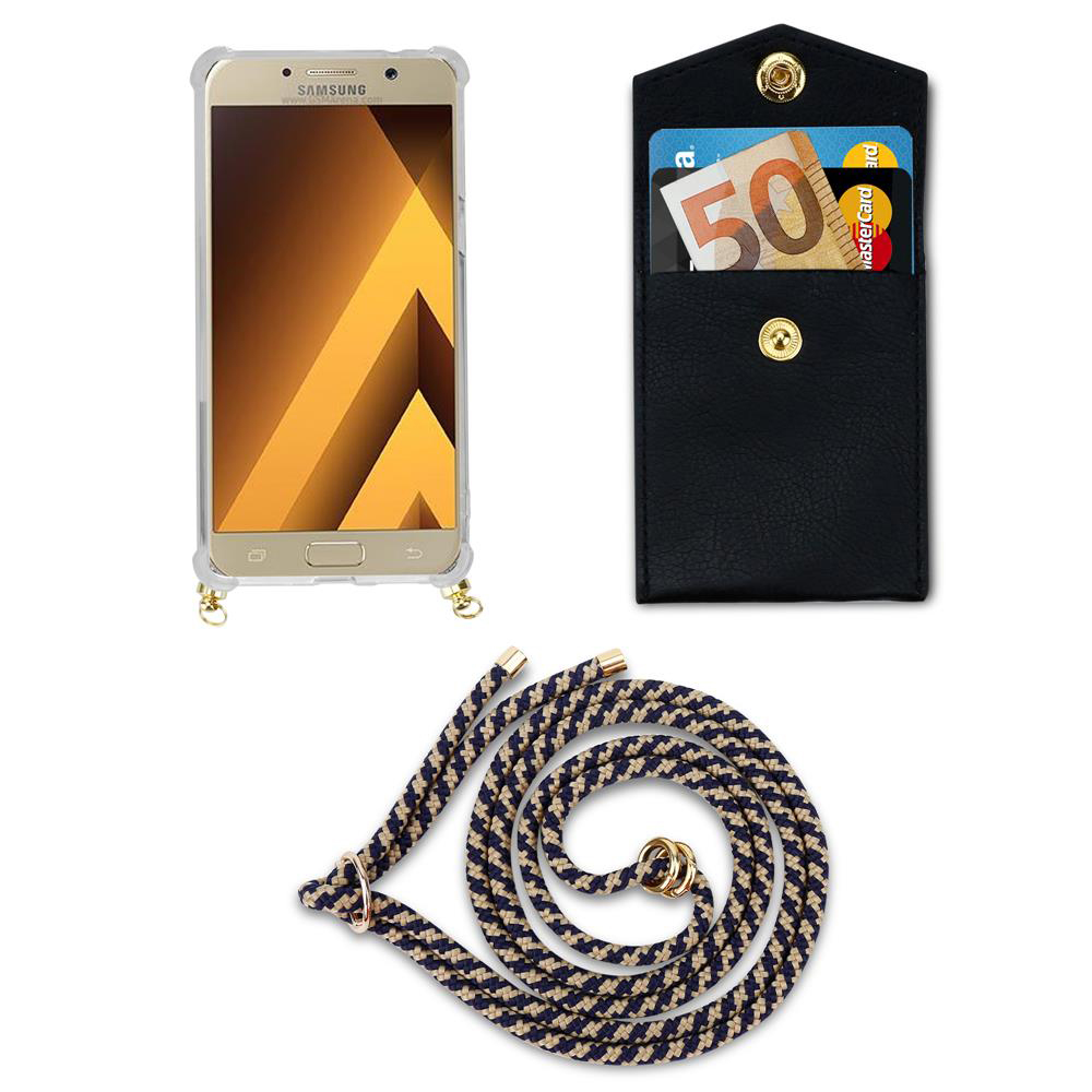 Un telefono in custodia, un portafoglio nero con carte e denaro, e un cordino intrecciato.