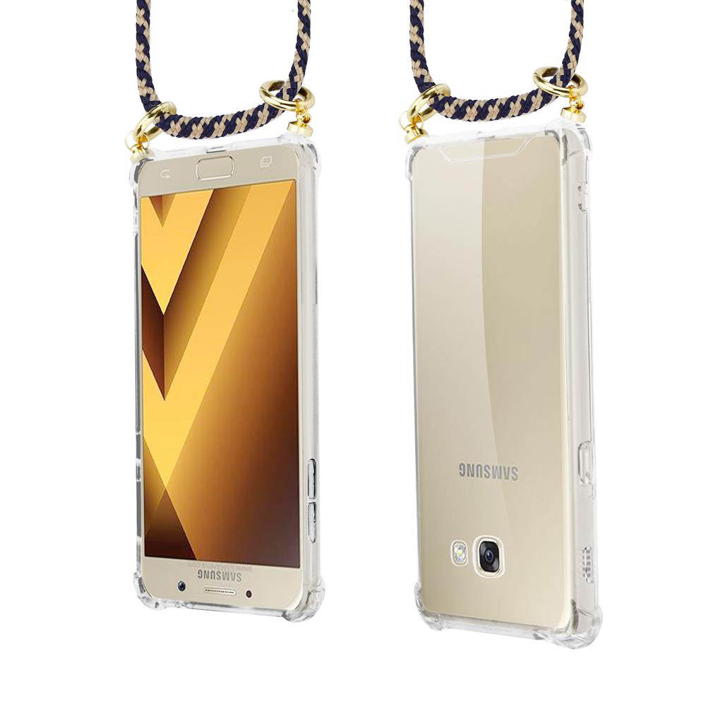 Uno smartphone Samsung in custodia trasparente con laccetto, visto fronte e retro.