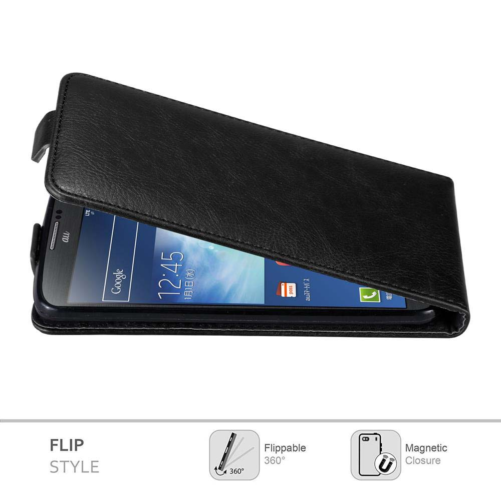 Custodia nera a flip aperta, mostra uno smartphone con ora e app. Chiusura magnetica.