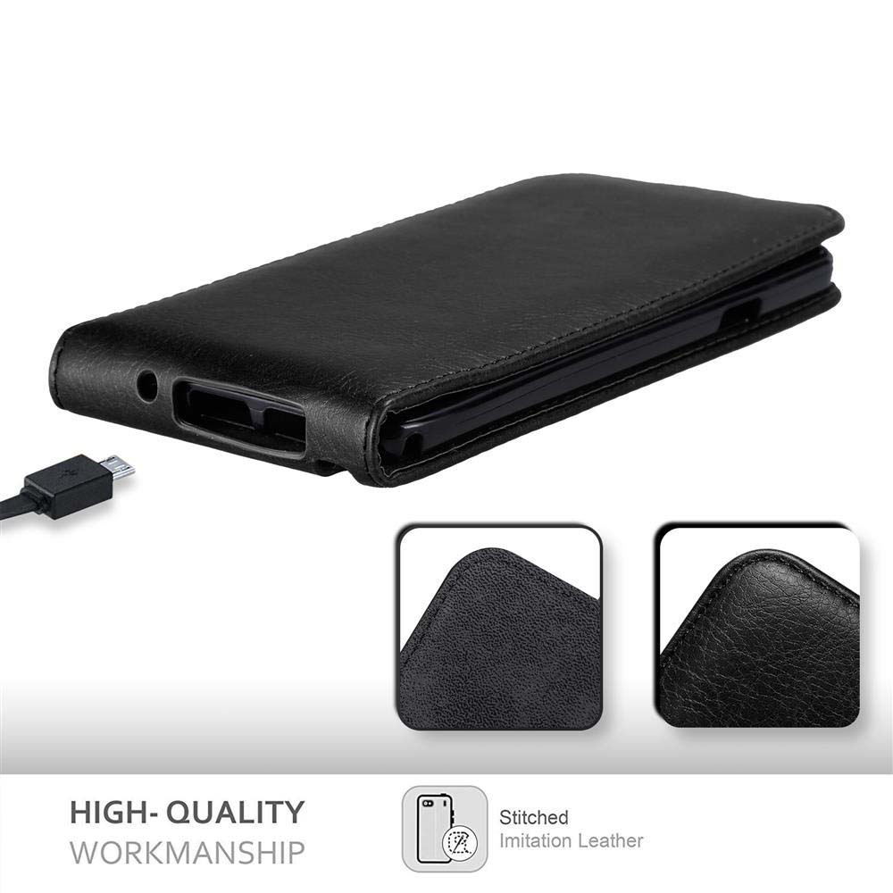 Custodia nera in pelle per telefono in posizione chiusa con cavo USB.