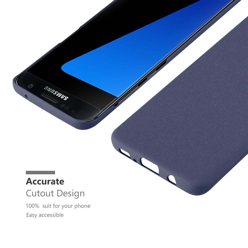 Un teléfono Samsung en funda azul junto a una funda de teléfono azul marino.